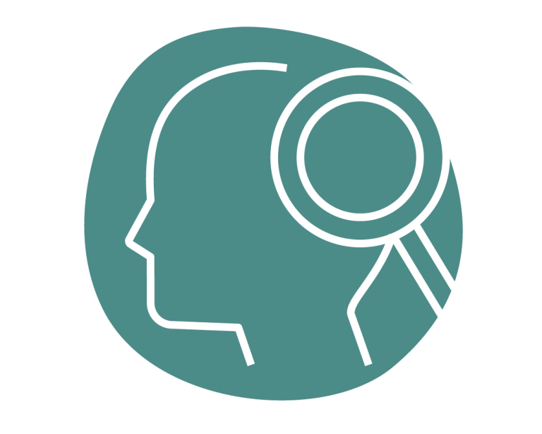 Mehr Infos zur ADHS Diagnostik Icon für ADHS Diagnostik: Strichgrafik zeigt stilisierten Kopf von der Seite mit einer Lupe auf Höhe des Hinterkopfes